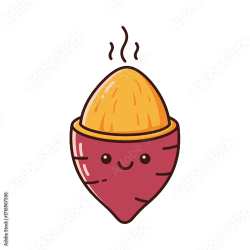 Adorable sweet potato character with warm smile and steam rising