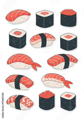 Delicious Flat Cartoon Sushi and Maki Roll Stickers