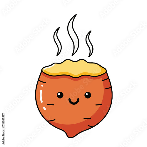 Cute kawaii cartoon baked sweet potato with happy face and steam rising