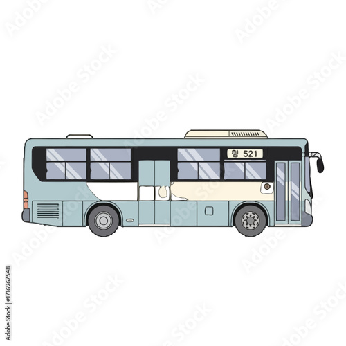 Side view light blue public transportation bus with windows and doors