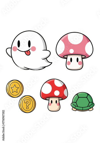 Cute Flat Vector Video Game Powerups and Collectibles