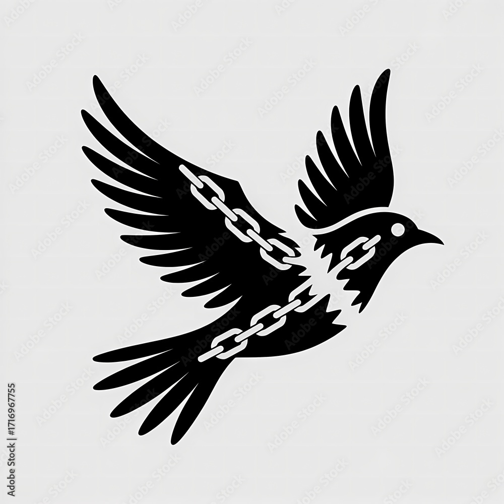 Fototapeta premium A flying bird with a broken chain, symbolizing freedom