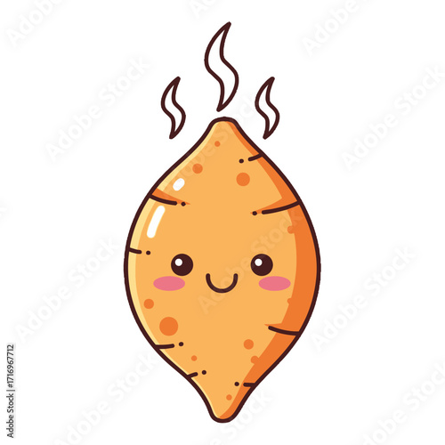 Cute cartoon sweet potato character with happy face and steam