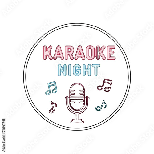 Circular graphic with the words karaoke night, microphone, and musical notes