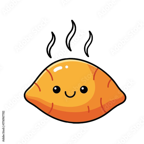 Charming cartoon pastry with goldenbrown crust, happy face, and steam rising