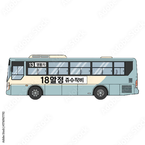 Side view light blue and beige public transportation bus with tinted windows, displaying route information in korean
