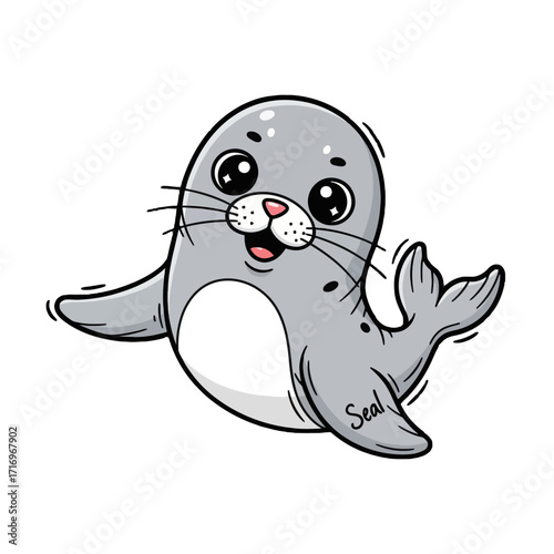 Cute cartoon seal character waving flippers