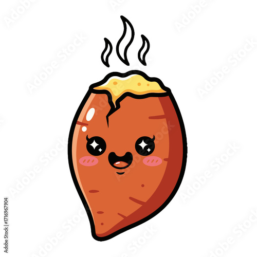 Adorable kawaii cartoon sweet potato character with steam rising