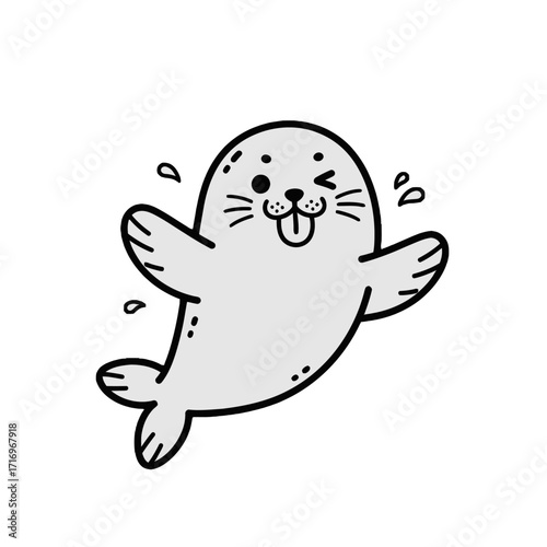 Cute cartoon seal with its tongue sticking out and one eye winking, splashing water, isolated on transparent