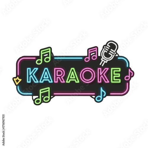 Neon sign for karaoke with musical notes and microphone
