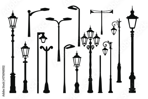 Collection of various street lamp silhouettes in black showcasing diverse designs and styles 
