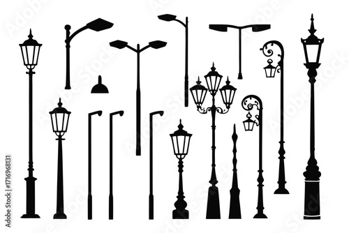Collection of various street lamp silhouettes in black showcasing diverse designs and styles 

