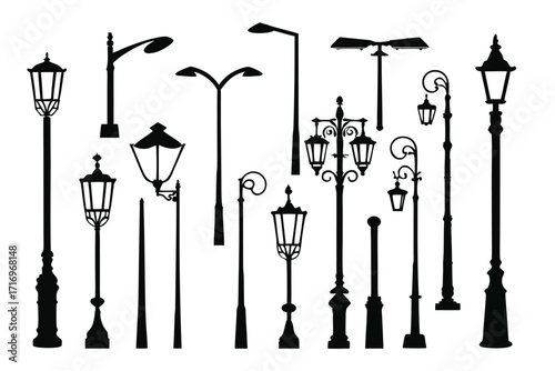 Collection of various street lamp silhouettes in black showcasing diverse designs and styles 
