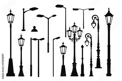 Collection of various street lamp silhouettes in black showcasing diverse designs and styles 
