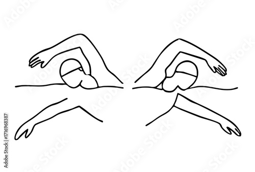 Minimalist black and white line art illustration of a swimmer in freestyle stroke position, two outline figures side by side, faceless simple line drawing, white background.