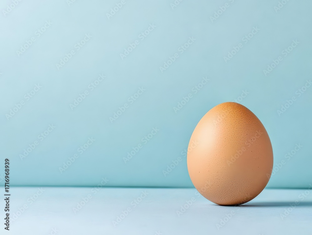 Fototapeta premium Single brown egg standing upright on a flat surface with a plain light blue background, minimalist composition, clean simple style, high resolution
