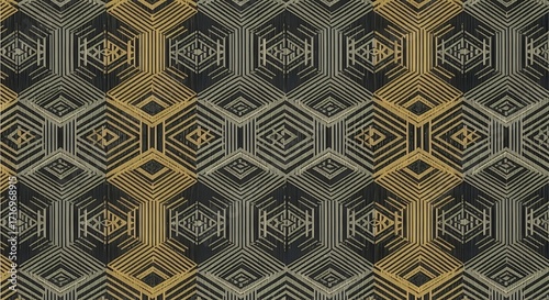 Geometric Abstract Pattern with Gold and Gray Hexagons on Black Background