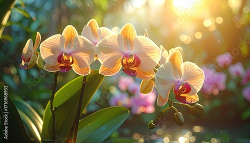 Sunlit Orchids Blooms Golden Hour Glow Bokeh Accents