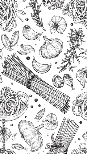 Black and white pasta and herbs