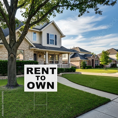 A suburban home with a yard sign advertising the opportunity to purchase a home.