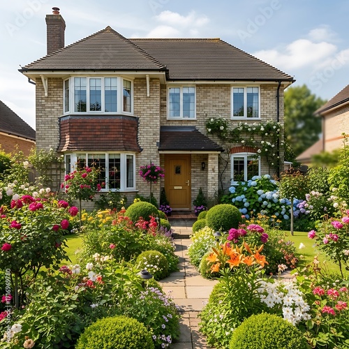 A charming, well-maintained home boasts a vibrant garden, filled with colorful flowers and shrubs, creating a welcoming and beautiful exterior.