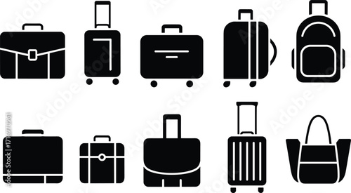 Black and white travel bag icons, luggage vector set, suitcase illustration, backpack, briefcase, tote, handbag, rolling case, minimalist design