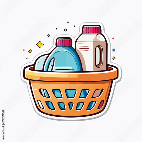 Charming cartoon illustration of a laundry basket brimming with vibrant detergent bottles, symbolizing freshness and household cleaning essentials for an immaculate home