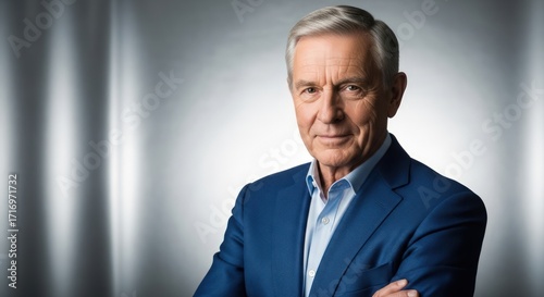 A distinguished older man in a blue suit and shirt, with his arms crossed, looking directly at the camera.