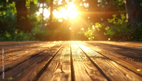Sunlit Wooden Planks with Green Leaves and Glowing Sunlight Cinematic Nature Photography