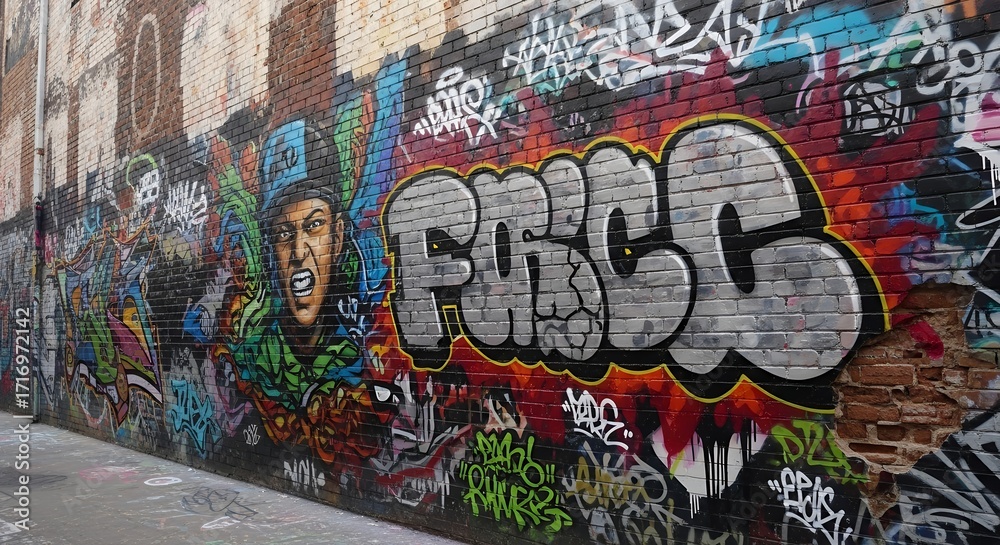 Fototapeta premium Colorful Urban Graffiti Art Featuring Angry Character and Bold Lettering on Brick Wall