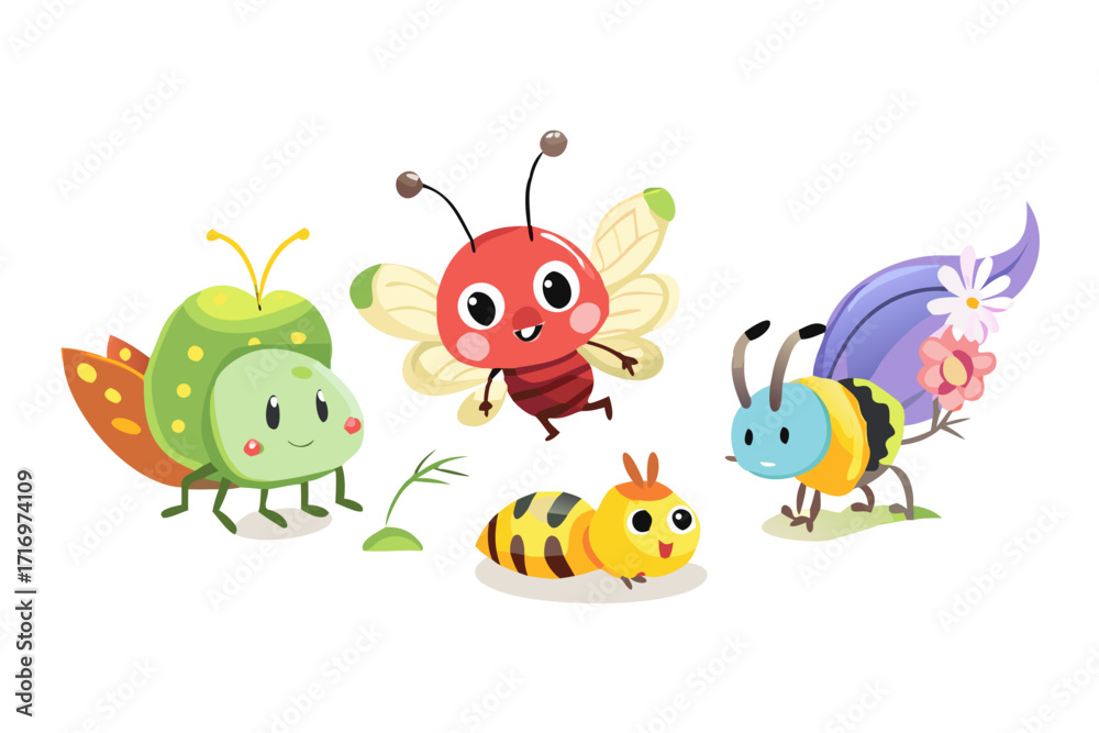 Obraz premium Group of cute cartoon insects smiling and playing