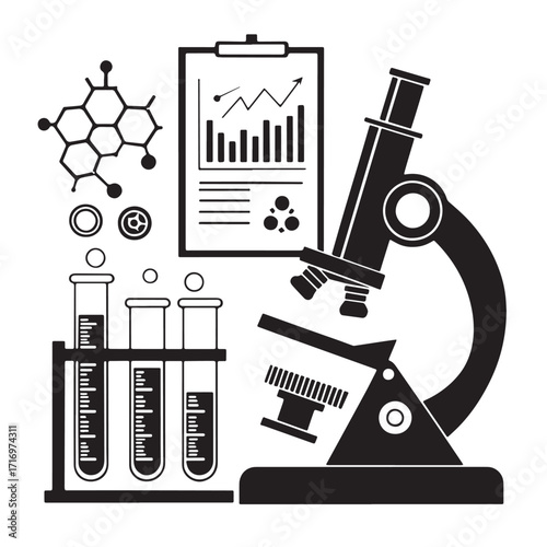 black science lab equipment, microscope, test tubes clip art preview