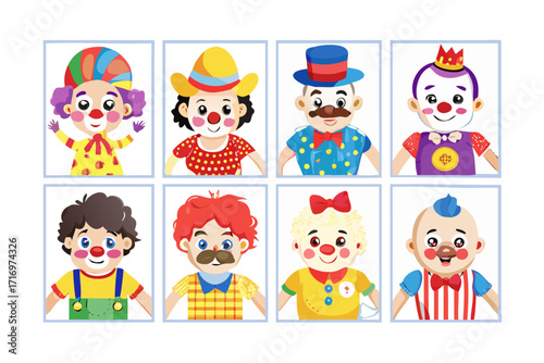 Collection of eight diverse cartoon clowns with different hats and costumes