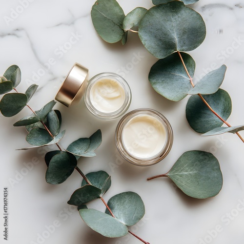 Natural skincare creams on marble surface with eucalyptus inspired by minimalist lifestyle