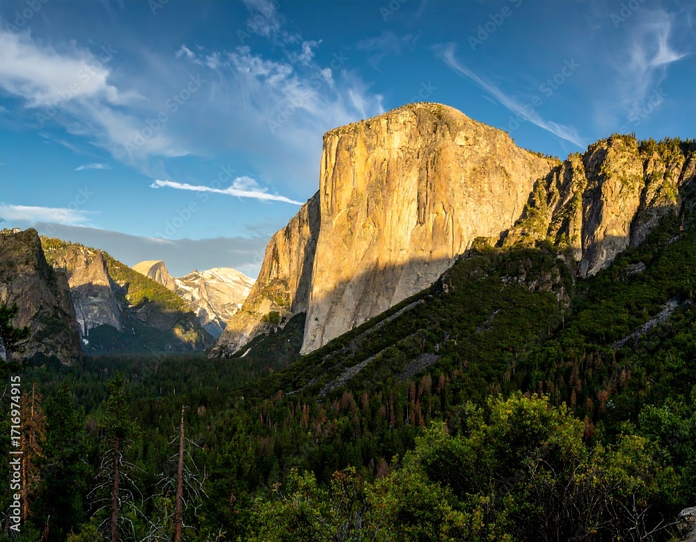 Fototapeta premium Majestic granite peak at dawn, valley view