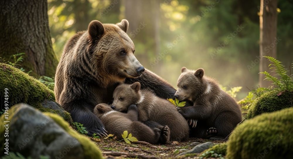 Obraz premium Brown Bear Mother with Three Cubs Resting in Green Forest with Soft Natural Light