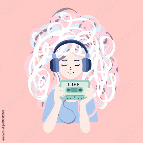 Mental Health Illustration of Woman Listening to Music from Tangled Cassette Tape as Symbol of Coping and Relaxation