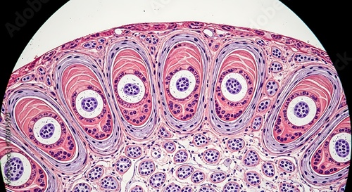 Detailed microscopic view of a section of glandular tissue, exhibiting a complex arrangement of cells and structures.