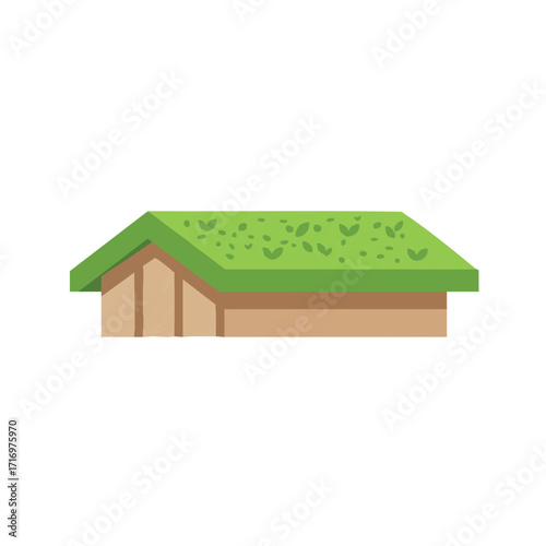 An environmentally conscious architectural design featuring a vibrant green roof covered in lush vegetation, symbolizing sustainability and ecological living.