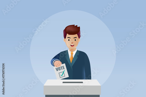 Businessman man drops a Vote ballot into the box. Election, political vote concept. Vector.