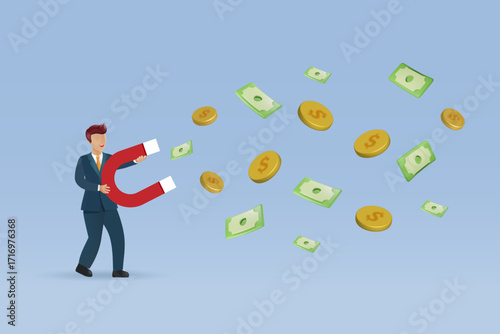businessman holding magnet to attract money banknotes and gold coins. Success business marketing  strategy to earn more revenue and profit. Vector.
