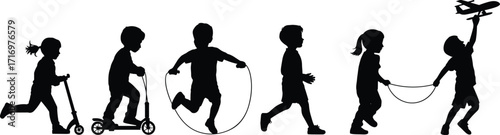 Children playing silhouettes, running, jumping rope, kick scooter, toy airplane, black vector kids, active poses, childhood fun, outdoor activity