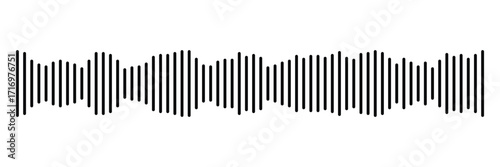 Black podcast sound wave patterns with varying amplitude bars for audio visualization and media interfaces. Digital frequency lines on music players. Vector illustration.