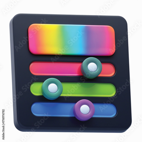 A 3D illustration of a colorful user interface control panel with sliders for adjustment.