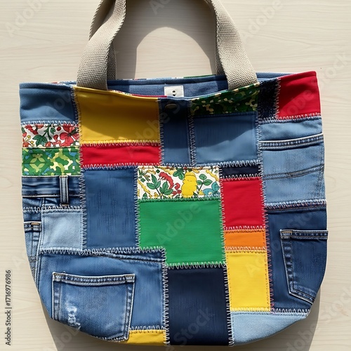 A vibrant patchwork tote bag, crafted from various colorful fabrics, including denim and patterned cotton, creating a unique and eye-catching design.