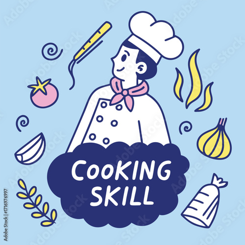 Cheerful chef with cooking elements and text COKINGSKIL Keywords: chef, cooking, skill
