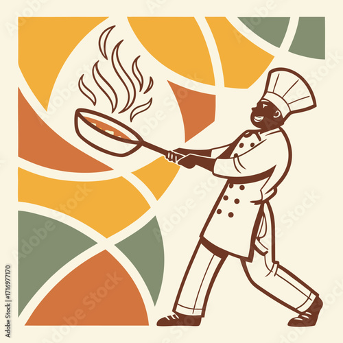 Chef cooking with flames in a pan food