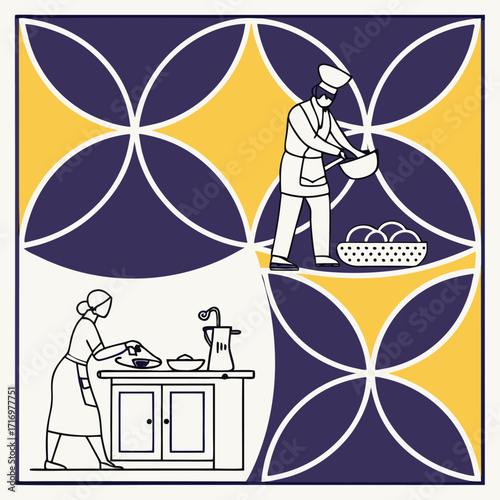 Chefs Preparing Food in a Kitchen with Geometric Pattern