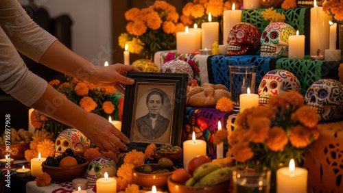 Hands setting up a traditional ofrenda for Dia de los Muertos with a photo and marigolds.
