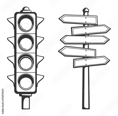 Black and white illustration of a traffic light and directional signpost on white background
